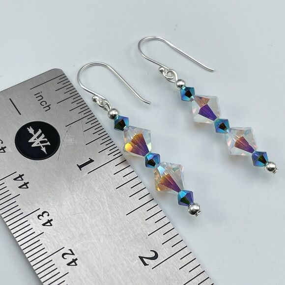 Made With Swarovski Crystals White AB Teal Blue Beaded Sterling Silver Earrings - Picture 6 of 6